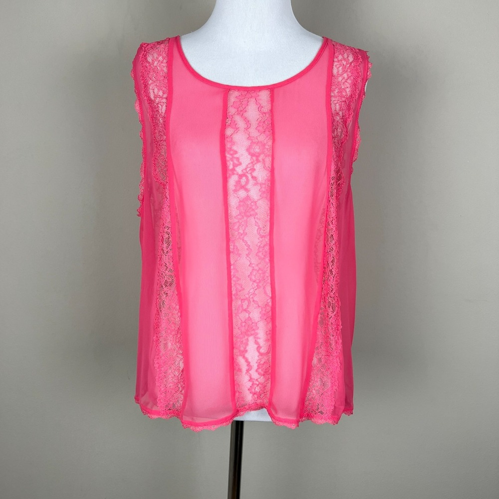 Victorias Secret Lingerie Top‎ Large Pink Tie Back Tank Nighty Lace Sheer Mesh L